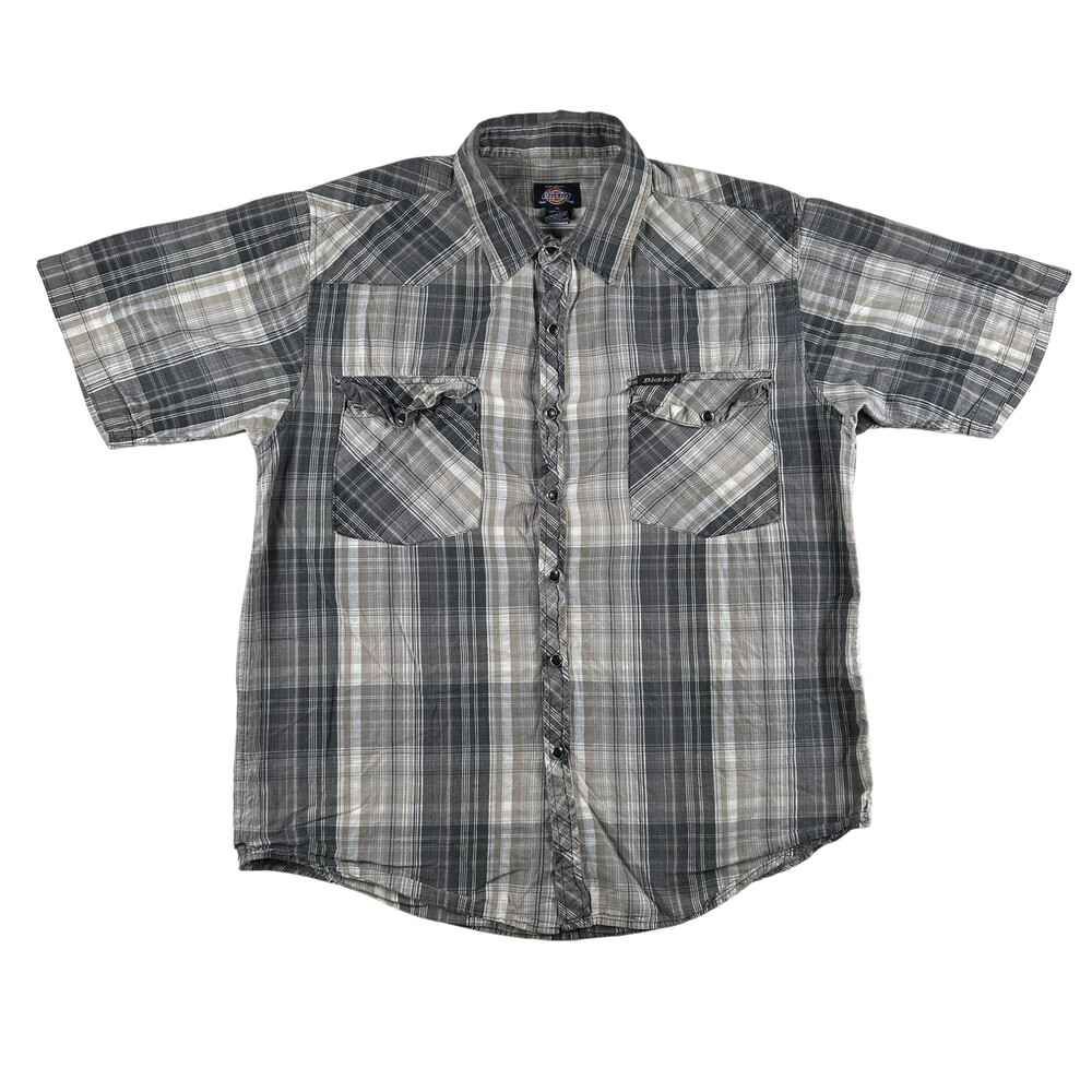 Dickies Shirt Mens XL Gray Plaid Short Sleeve Western Snap Pockets Casual
